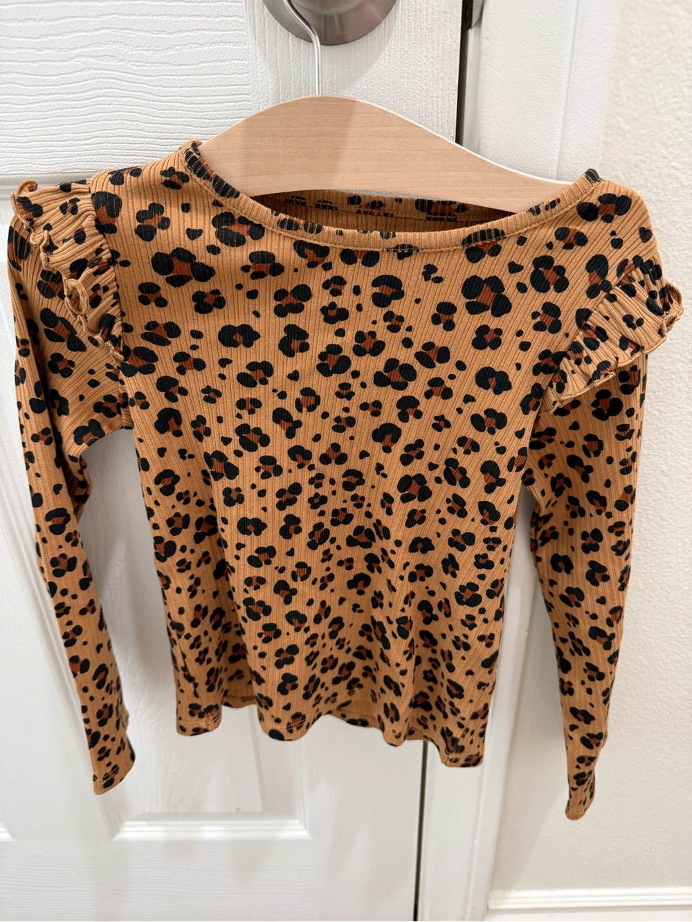 jumping beans Camel Leopard Print Long Sleeve Ruffle Shoulder Top